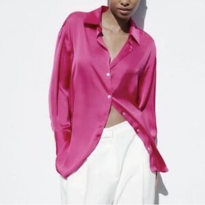 ZARA Pink Satin Effect Button Down Long Sleeve Blouse Size Large NWT